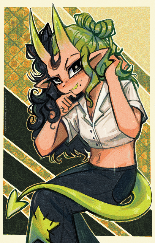 1girl black_eyes black_hair colored_teeth green_hair green_tail green_teeth hair_bun horns linterteatime oni original pants pointy_ears shirt skin-covered_horns smile solo t-shirt tail