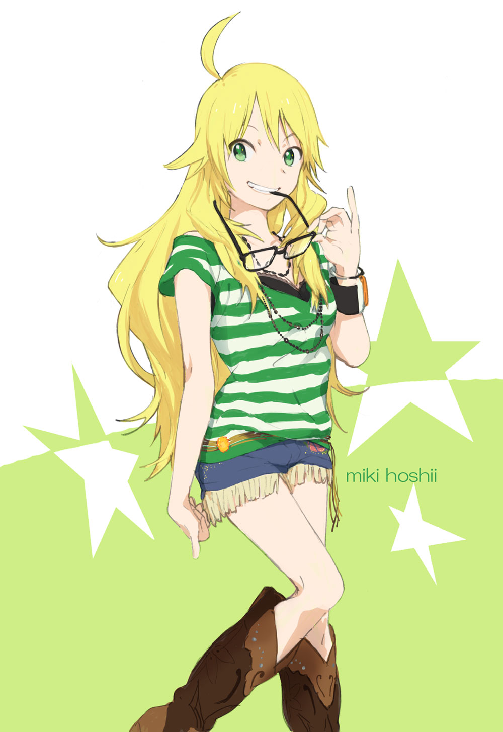 1girl ahoge blonde_hair boots female_focus glasses green_eyes highres hoshii_miki idolmaster idolmaster_(classic) jewelry long_hair mitosa necklace shorts smile solo white_background wristband