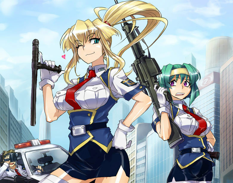 1990s_(style) 1boy 2girls burn-up burn-up_excess car city day gun jinguu_maya kinezono_rio motor_vehicle multiple_girls naruo_yuji police police_car police_uniform policewoman recording retro_artstyle rifle scenery skj tonfa weapon