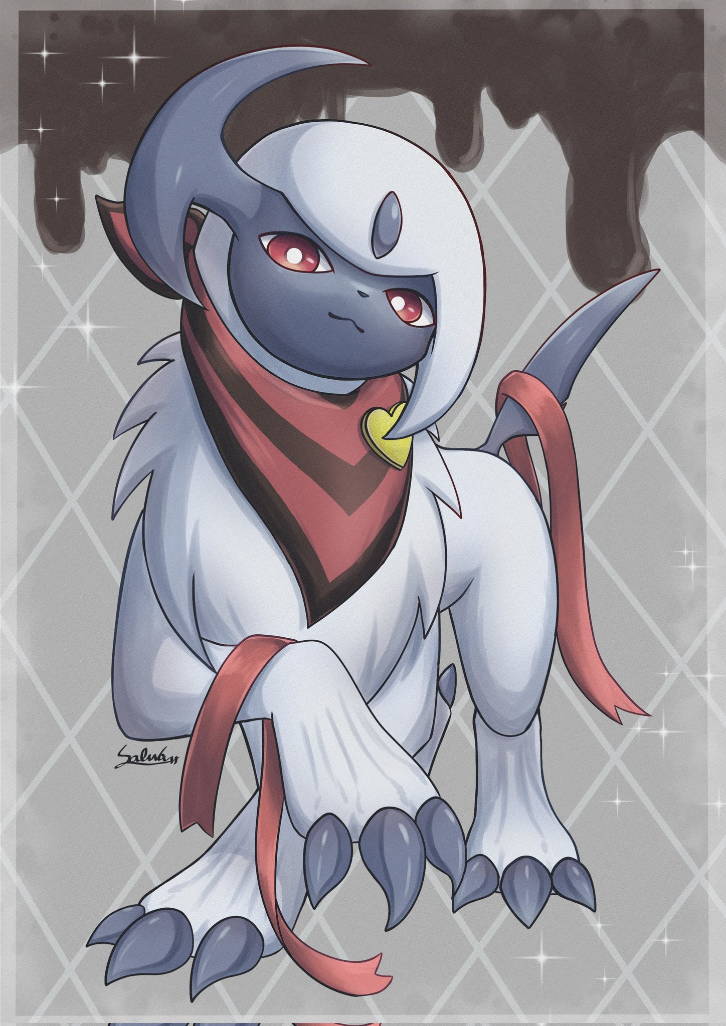 absol absol_(sweet) absol_(sweets) animal_focus argyle_background argyle_clothes artist_name blue_skin bright_pupils brown_background claws closed_mouth colored_skin commentary_request forehead_jewel gen_3_pokemon grey_background highres horns looking_at_viewer mane neckerchief nintendo no_humans pokemon pokemon_(creature) pokemon_unite red_eyes red_neckerchief red_sash sash single_horn soruva_359 sparkle tail two-tone_background white_fur white_pupils
