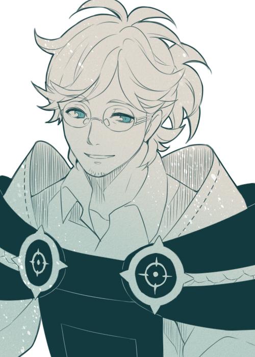 1boy beard blue_eyes facial_hair fire_emblem fire_emblem_fates glasses kiyuu male_focus monochrome nintendo simple_background solo white_background yukimura_(fire_emblem)