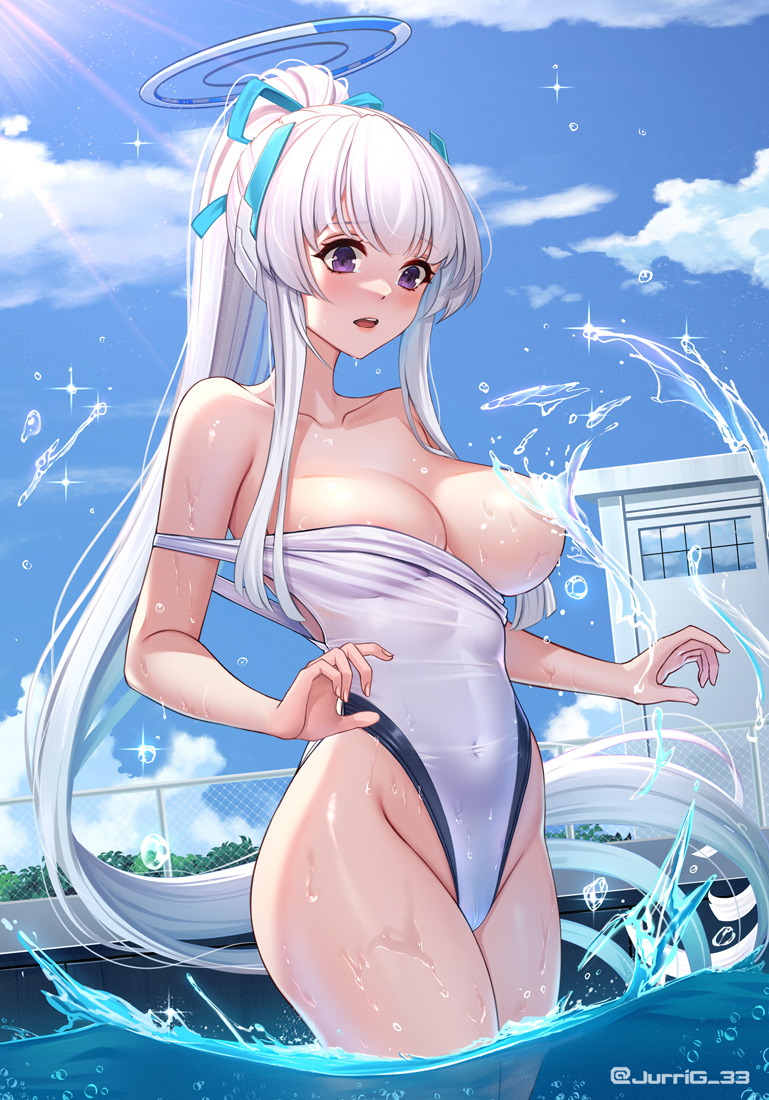 1girl accidental_exposure alternate_costume areola_slip bare_shoulders blue_archive blue_sky blush breasts breasts_out chain-link_fence clothes_pull competition_swimsuit convenient_censoring covered_navel cowboy_shot day fence groin high_ponytail highleg highleg_one-piece_swimsuit jurrig large_breasts long_hair noa_(blue_archive) one-piece_swimsuit one-piece_swimsuit_pull one_breast_out open_mouth outdoors ponytail pool purple_eyes sky solo standing swimsuit very_long_hair wading wardrobe_malfunction water water_censor wet wet_clothes white_hair