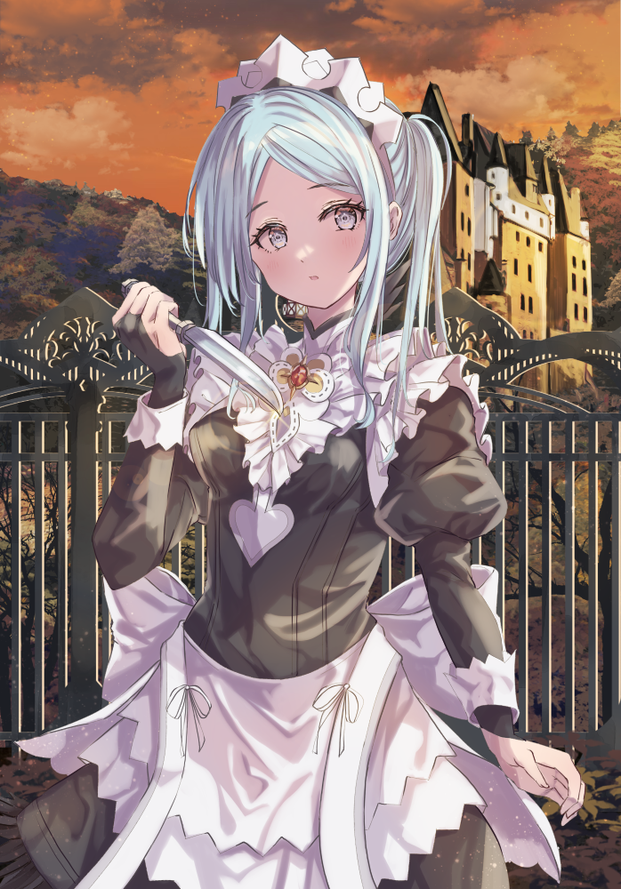 1girl apron black_dress blue_eyes blue_hair blush bridal_gauntlets commentary_request dress fire_emblem fire_emblem_fates flora_(fire_emblem) fuussu_(21-kazin) holding holding_knife holding_weapon juliet_sleeves knife long_hair long_sleeves looking_at_viewer maid maid_headdress nintendo outdoors puffy_sleeves solo twintails waist_apron weapon white_apron