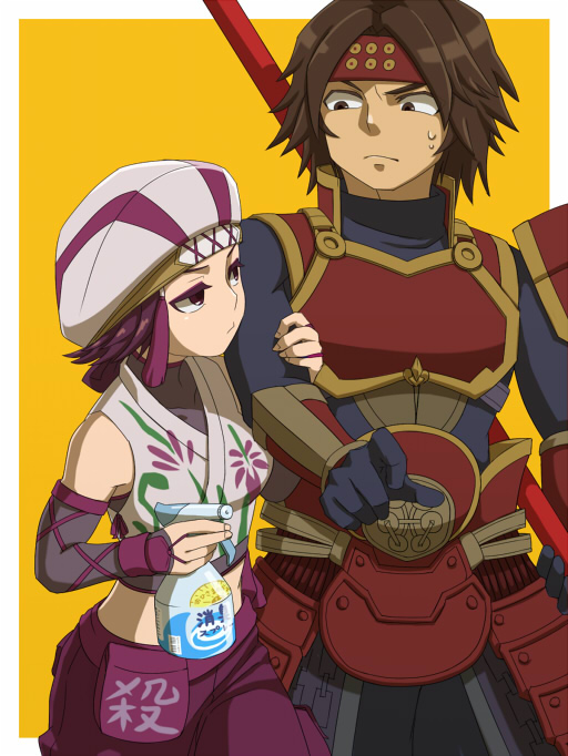 armor beret bottle brown_eyes brown_hair eyelashes febreze hand_on_another&#039;s_arm hat headband kunoichi_(sengoku_musou) midorijikano ninja pout sanada_yukimura_(sengoku_musou) sengoku_musou sweatdrop