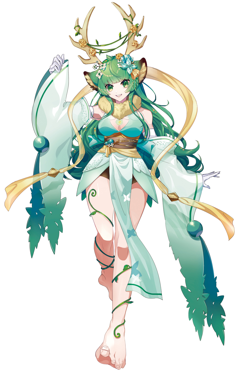 1girl animal_ears antlers barefoot breasts cleavage cleavage_cutout clothing_cutout deer_ears detached_sleeves dress full_body gloves green_dress green_eyes green_hair green_sleeves haruka_karibu haruka_karibu_(1st_costume) highres horns large_breasts long_hair looking_at_viewer open_mouth puppeteer7777 reindeer_antlers reindeer_girl sleeveless sleeveless_dress smile solo virtual_youtuber vshojo white_gloves