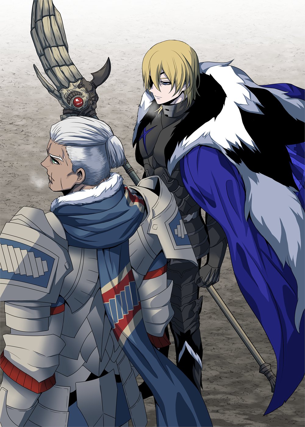 2boys areadbhar_(fire_emblem) armor black_armor black_fur blonde_hair blue_cape blue_scarf breastplate cape closed_mouth commentary_request dark-skinned_male dark_skin dedue_molinaro dedue_molinaro_(timeskip) dimitri_alexandre_blaiddyd dimitri_alexandre_blaiddyd_(timeskip) eyepatch facial_scar faulds fire_emblem fire_emblem:_three_houses fur-trimmed_cape fur-trimmed_collar fur_trim gauntlets highres holding holding_polearm holding_weapon looking_ahead male_focus megubiru multiple_boys multiple_scars nintendo one_eye_covered ornate_weapon parted_bangs pauldrons polearm ponytail scar scar_on_cheek scar_on_face scar_on_forehead scarf short_ponytail shoulder_armor standing weapon white_fur white_hair
