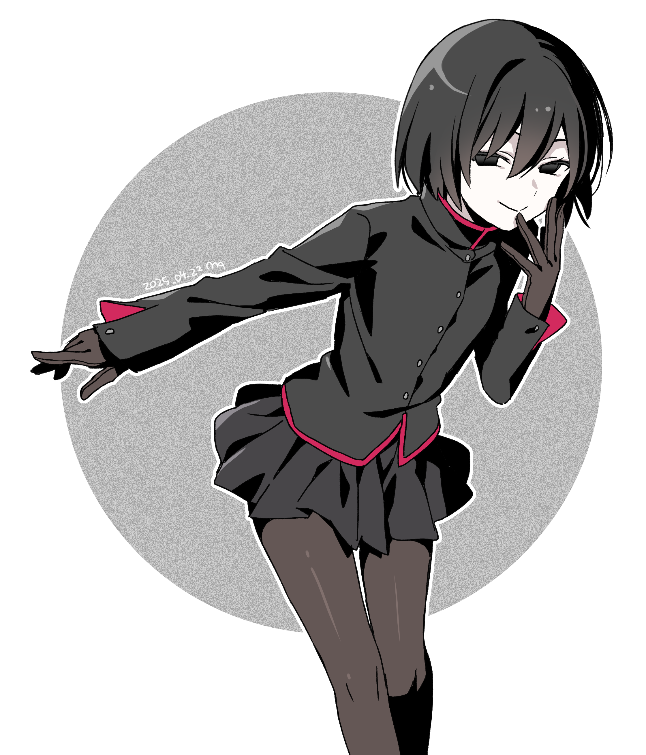 1boy absurdres black_eyes black_gloves black_hair black_jacket black_pantyhose black_skirt collared_jacket cowboy_shot crossdressing empty_eyes gakuran gloves highres jacket looking_at_viewer male_focus manimani_(mani_ma) monogatari_(series) oshino_ougi outstretched_arm pantyhose pleated_skirt school_uniform short_hair simple_background skirt smile solo trap white_background