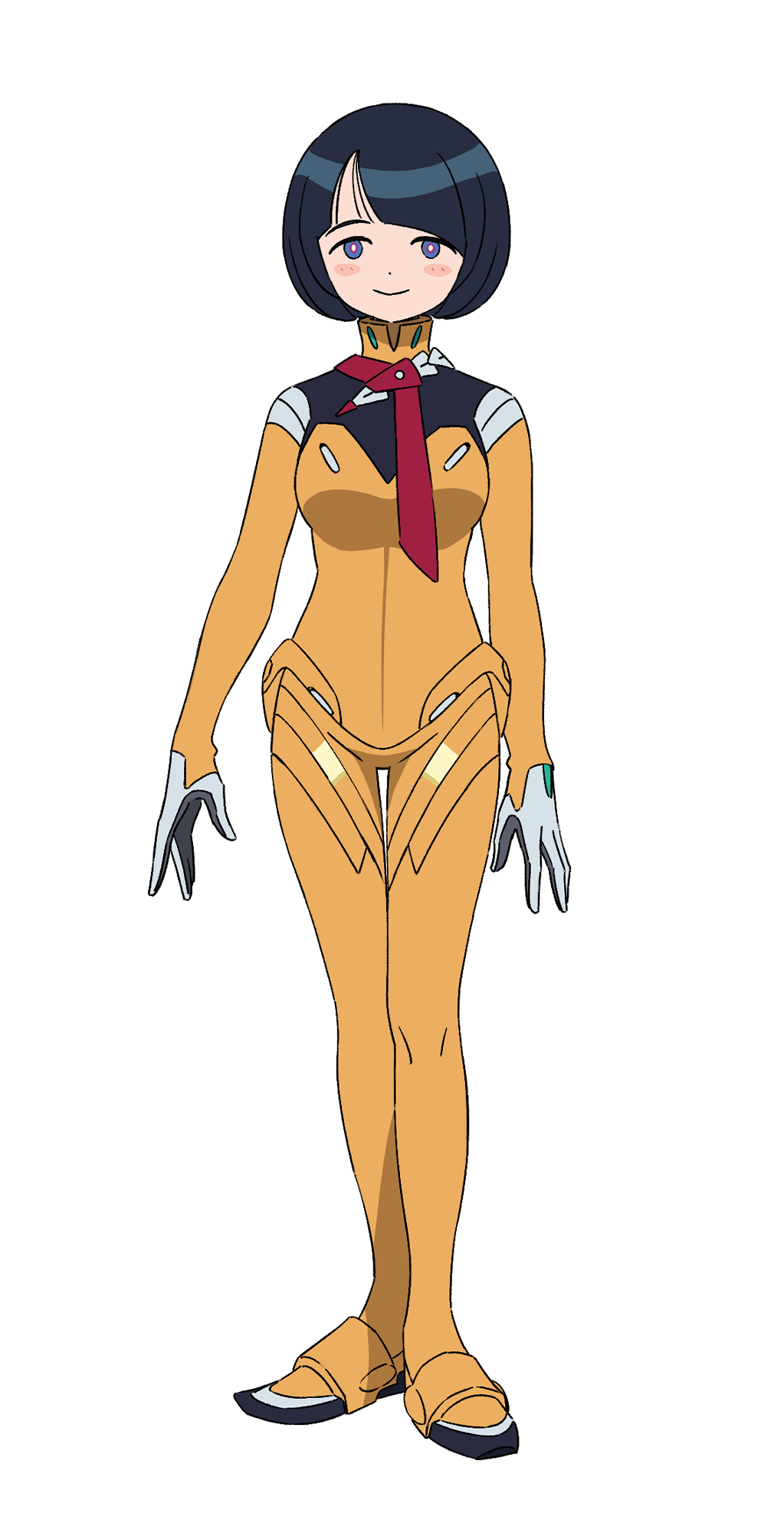 1girl black_hair bodysuit full_body gloves gundam gundam_gquuuuuux highres looking_at_viewer necktie official_art purple_eyes red_necktie shiiko_sugai short_hair simple_background smile solo standing transparent_background white_gloves yellow_bodysuit