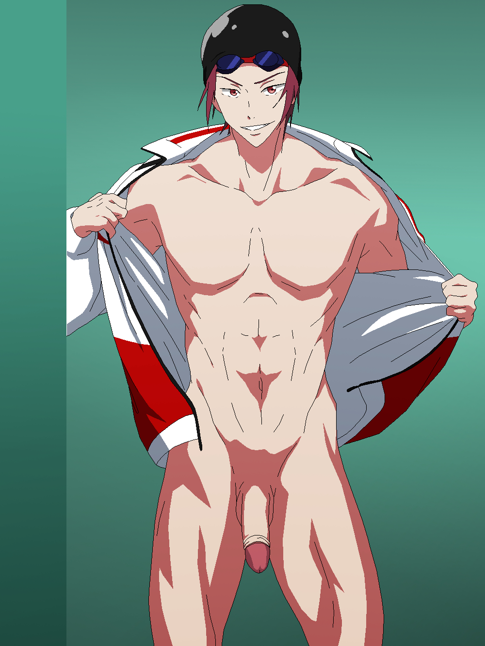 1boy abs clothes_down unworn_clothes free! highres legs male_focus matsuoka_rin muscular muscular_male penis pink_hair red_eyes sexyanimes smile smiley_face swim_cap