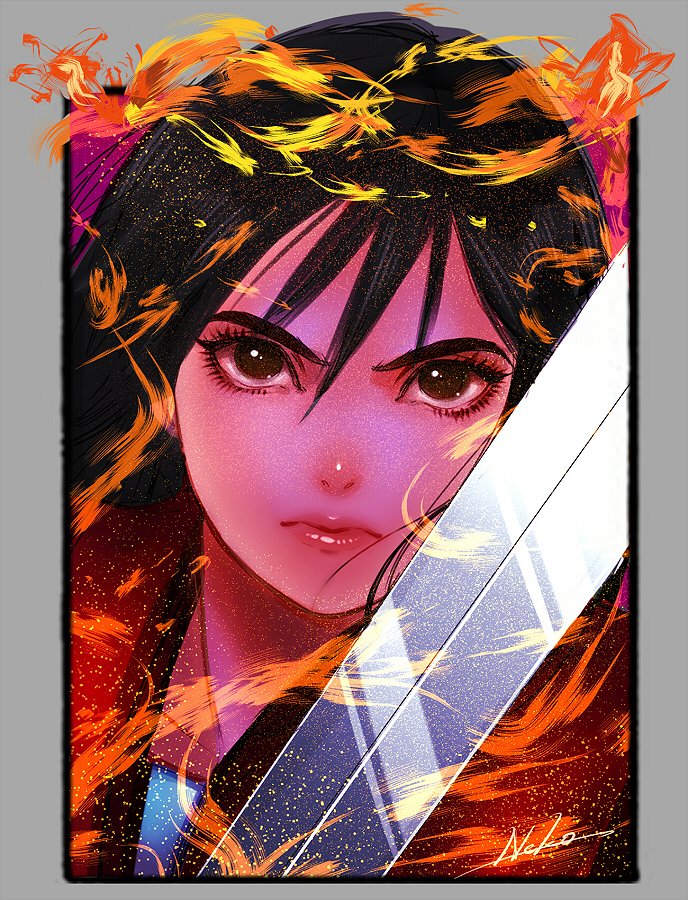 1girl animification black_hair brown_eyes chinese_clothes close-up fa_mulan_(disney) fire holding holding_sword holding_weapon lips lipstick long_hair looking_at_viewer makeup mulan_(movie) nyamunekonabe short_hair simple_background solo sword upper_body weapon