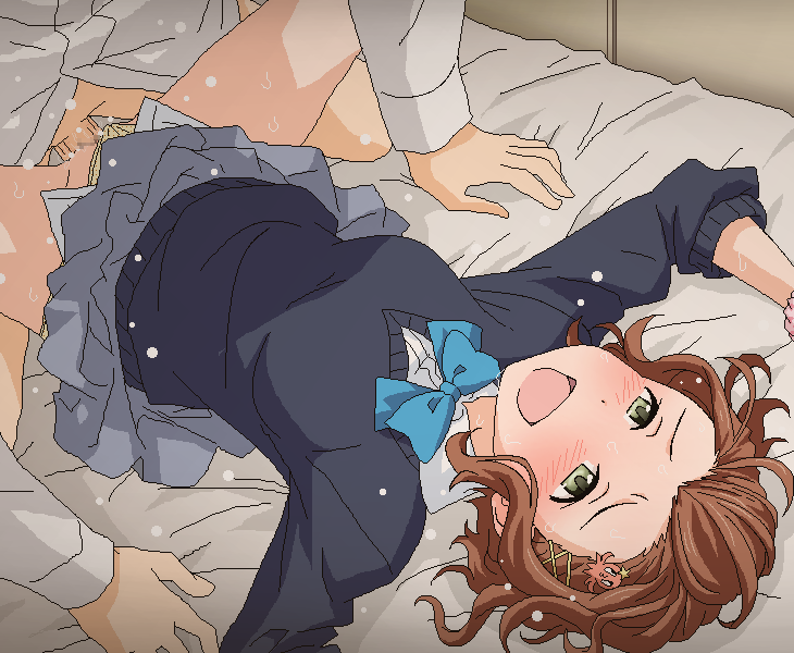 1boy 1girl bed blush clothed_sex clothing_aside green_eyes hetero idolmaster lying missionary namba_emi on_back open_mouth panties panties_aside penis school_uniform sex skirt spread_legs tomu_(tomubobu) underwear vaginal