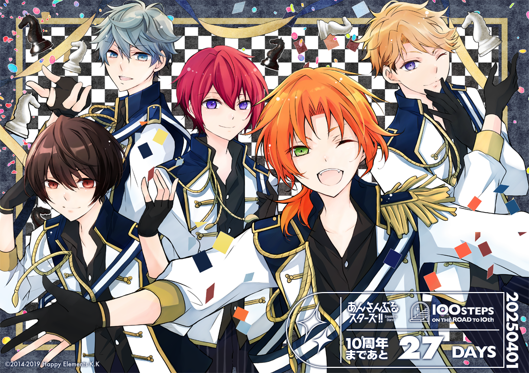 5boys ;d aiguillette black_gloves black_pants black_shirt blonde_hair blue_eyes blue_jacket blue_sash border brown_hair checkered_background chess_piece closed_mouth collared_shirt confetti copyright_name copyright_notice countdown curtained_hair dated double-parted_bangs ensemble_stars! epaulettes fangs fingerless_gloves fringe_trim gloves green_eyes grey_background grey_hair hair_between_eyes hair_over_shoulder hand_to_own_mouth hand_up hands_up high_collar inset_border jacket knight_(chess) knights_(ensemble_stars!) looking_at_viewer looking_to_the_side male_focus medium_hair multicolored_jacket multiple_boys narukami_arashi official_alternate_costume official_art one_eye_closed open_clothes open_collar open_jacket open_mouth orange_hair outside_border outstretched_arms pants parted_bangs partially_fingerless_gloves pinstripe_pants pinstripe_pattern purple_eyes red_eyes red_hair ribbon sakuma_ritsu sash sena_izumi_(ensemble_stars!) shirt short_hair shoulder_sash single_epaulette smile split_mouth spread_arms striped_sash suou_tsukasa teeth three-quarter_sleeves tsukinaga_leo turning_head two-tone_jacket upper_teeth_only v-shaped_eyebrows white_jacket white_sash yagami_chitose yellow_border yellow_ribbon yellow_trim