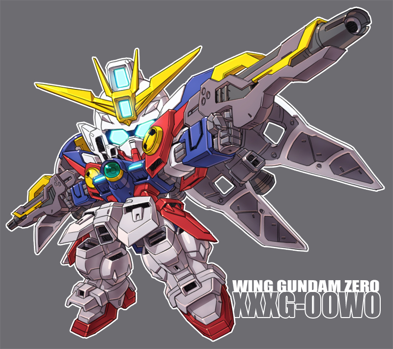 beam_rifle blue_eyes buster_rifle character_name chibi commentary_request dual_wielding energy_gun full_body glowing glowing_eyes grey_background gun gundam gundam_wing holding holding_gun holding_weapon mecha mecha_focus mechanical_wings mobile_suit no_humans outstretched_arms robot science_fiction sd_gundam simple_background solo spread_arms susagane thrusters v-fin weapon wing_gundam_zero wings