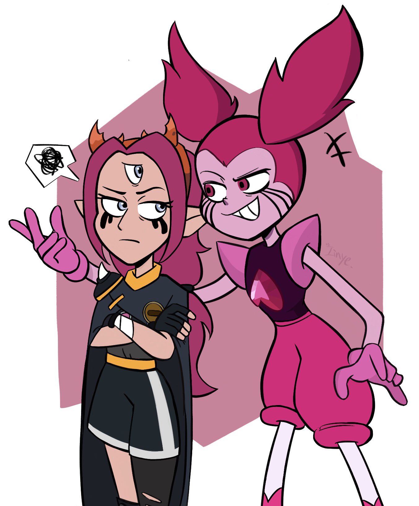 2girls asymmetrical_legwear blue_eyes boscha_(the_owl_house) cape closed_mouth colored_skin crossed_arms expressionless fingerless_gloves gloves half-closed_eyes heart-shaped_gem highres long_hair looking_at_another low_ponytail makeup multiple_girls pink_eyes pink_hair pointy_ears ponytail runny_makeup shorts signature smug spinel_(steven_universe) standing steven_universe teeth the_owl_house third_eye twintails xi_jinou