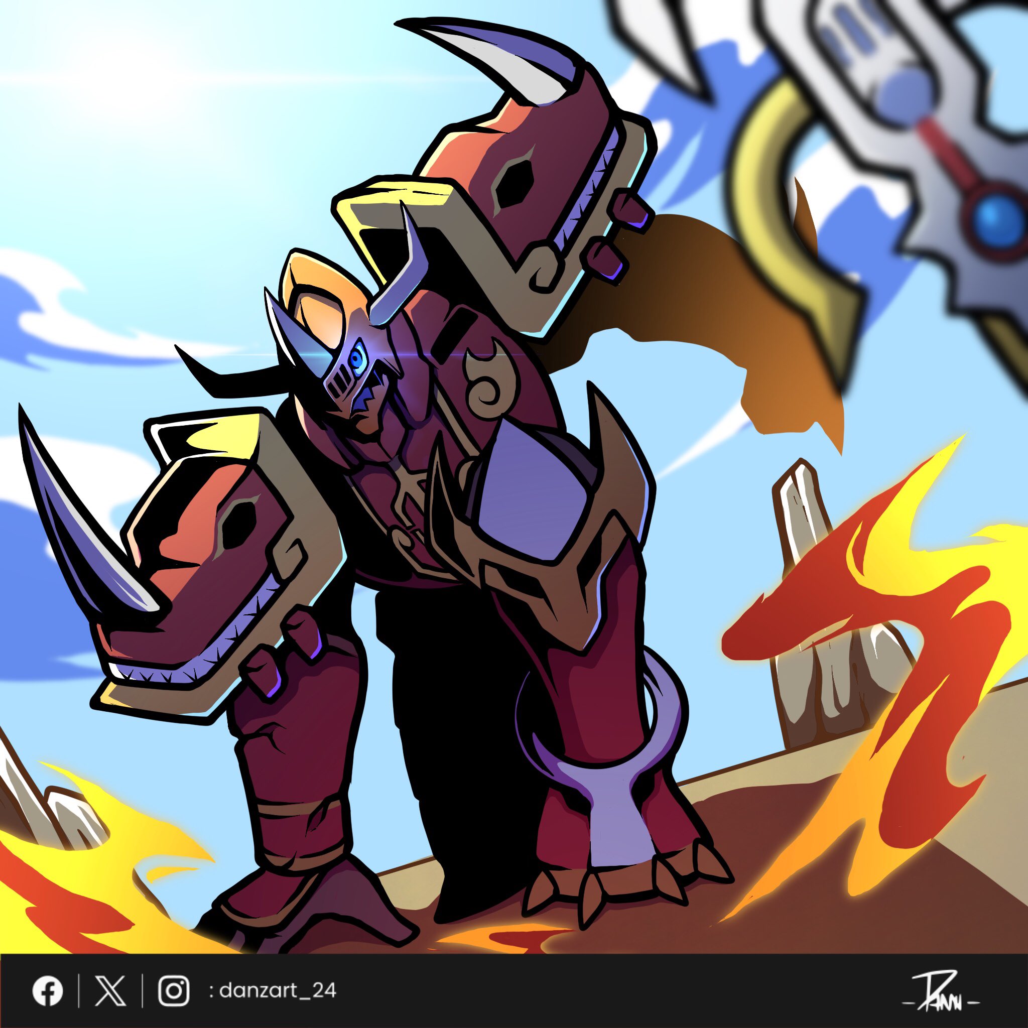 armor blue_eyes danzart_24 digimon digimon_(creature) digimon_frontier fire helmet highres kaisergreymon orange_helmet planted planted_sword planted_weapon red_armor shoulder_armor solo sword weapon