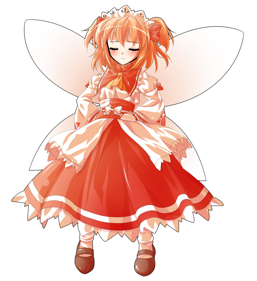 1girl alphes_(style) ascot black_shoes blush bobby_socks bow closed_eyes closed_mouth commentary_request dairi fairy fairy_wings full_body hair_ribbon hands_on_own_hips headdress large_variant_set legs_apart long_skirt long_sleeves mary_janes obi orange_ascot orange_hair parody puffy_long_sleeves puffy_sleeves red_ribbon red_skirt ribbon sash shirt shoes short_hair skirt socks solo style_parody sun sun_print sunny_milk tachi-e touhou transparent_background turtleneck two_side_up variant_set white_bow white_shirt white_socks wide_sleeves wings