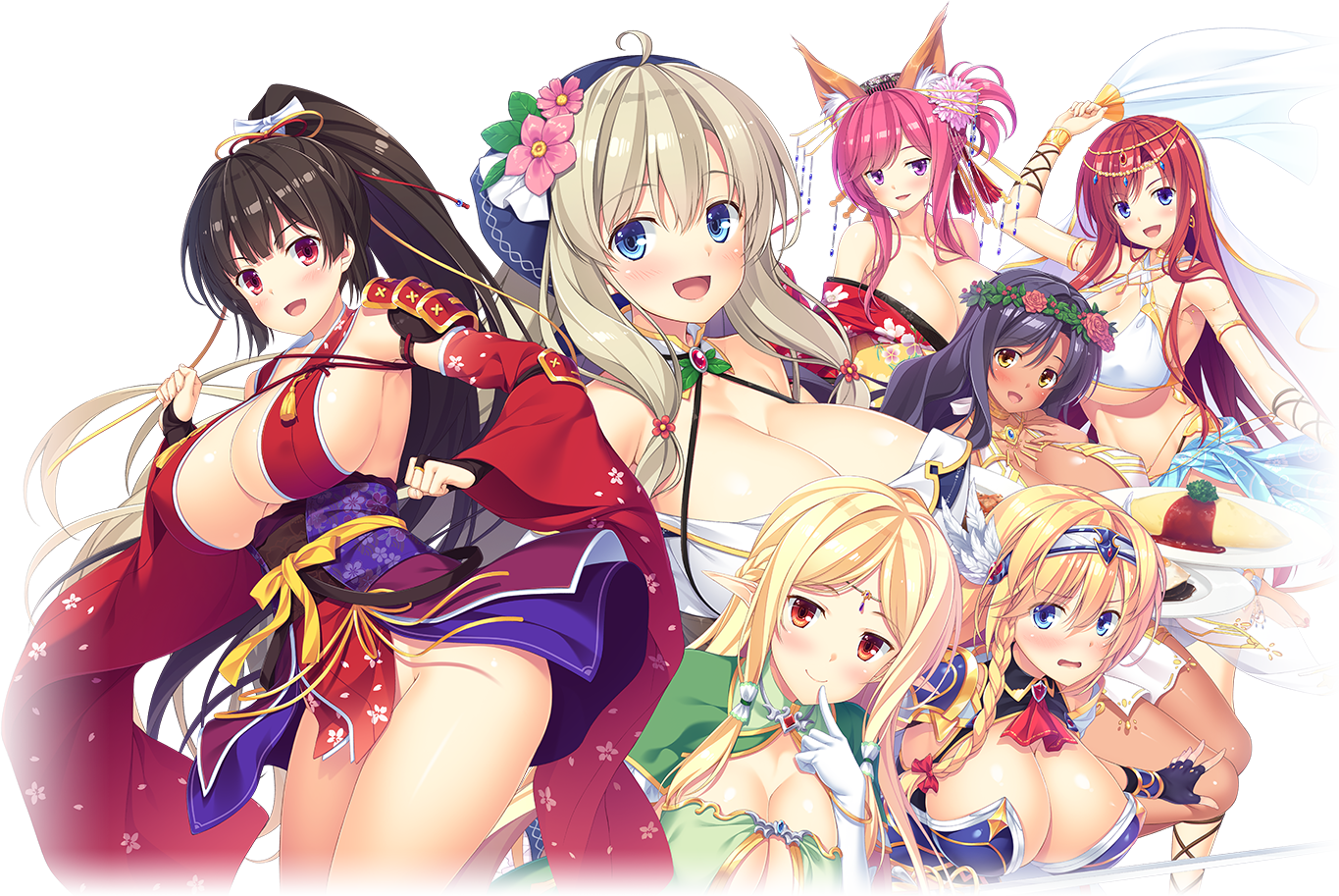 6+girls ahoge alencia_jonah_elborg animal_ear_fluff animal_ears anna_hylitte armor belly_dancing bikini_armor blonde_hair blue_eyes blush braid breasts brown_hair cleavage closed_mouth dark-skinned_female dark_skin detached_sleeves elda_hylitte elf eritte finger_to_mouth flower flower_hairband fox_ears fox_girl gloves green_shrug hair_between_eyes hair_bun hair_flower hair_intakes hair_ornament hairband half_up_braid head_wreath hinata_nao japanese_clothes kashima_hikari key_visual kimono large_breasts long_hair long_sidelocks looking_at_viewer low-tied_sidelocks madellie_parnepoli makibashira_yuuna multiple_girls no_panties official_art open_mouth pink_hair pointy_ears ponytail promotional_art purple_eyes red_eyes red_hair red_kimono sex_open_world_e_youkoso! sidelocks smile upper_body wavy_hair white_gloves winged_hair_ornament yellow_eyes