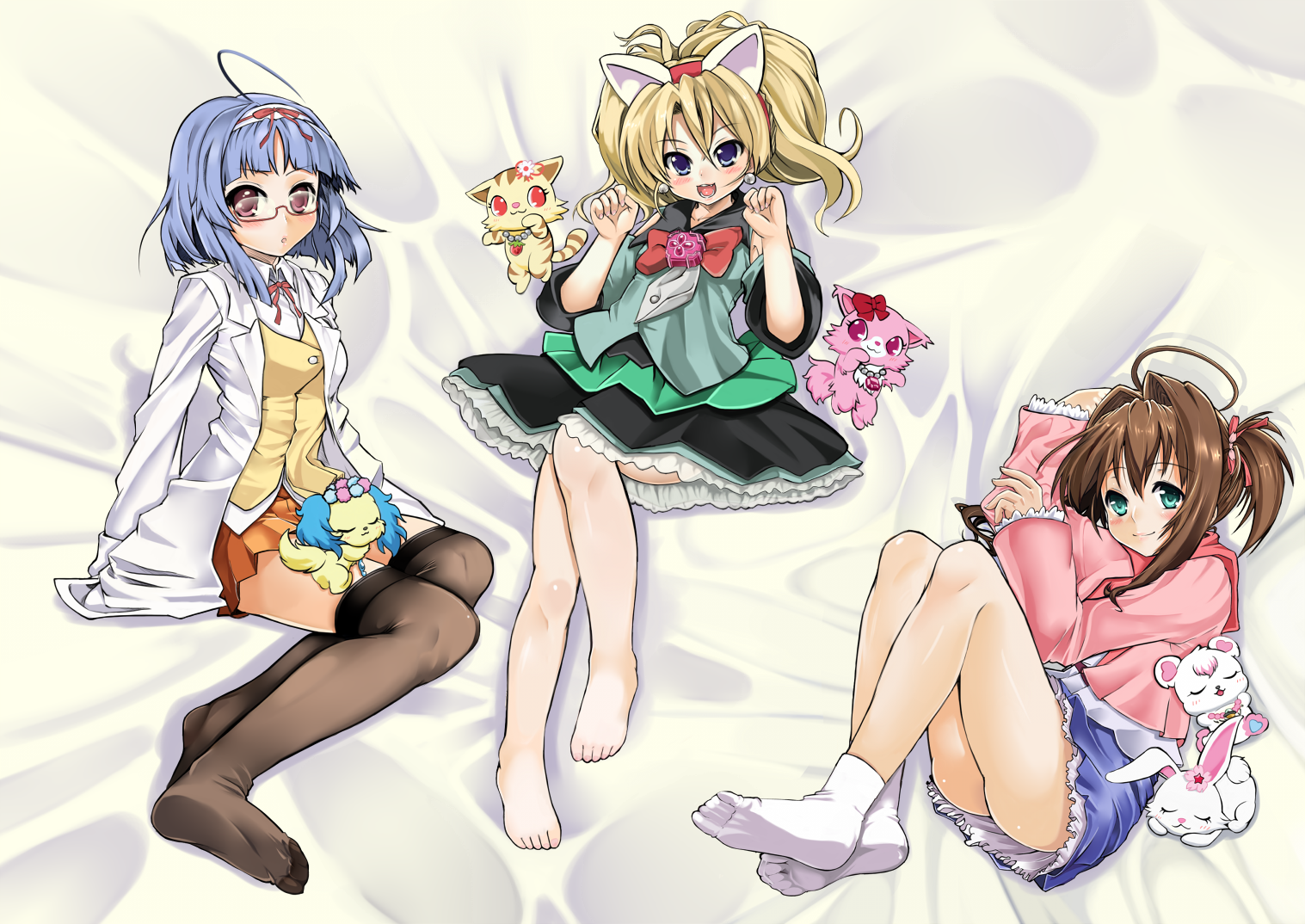 3girls ahoge animal_ears barefoot cat_ears feet garnet_(jewelpet) glasses jewelpet_(series) jewelpet_twinkle k@non labra_(jewelpet) miria_marigold_mackenzie multiple_girls rabbit ruby_(jewelpet) sakura_akari sango_(jewelpet) sapphie_(jewelpet) sara_(jewelpet) sara_(jewelpet_twinkle) socks thighhighs