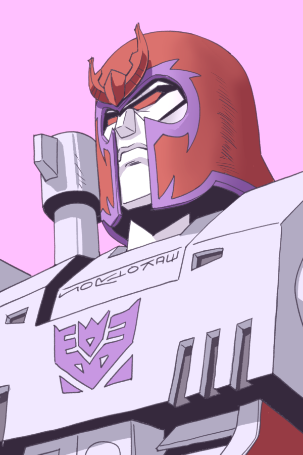 cosplay crossover decepticon frown looking_up magneto magneto_(cosplay) makoto_ono marvel mecha megatron no_humans portrait purple_background red_eyes robot solo transformers transformers:_generation_1 x-men