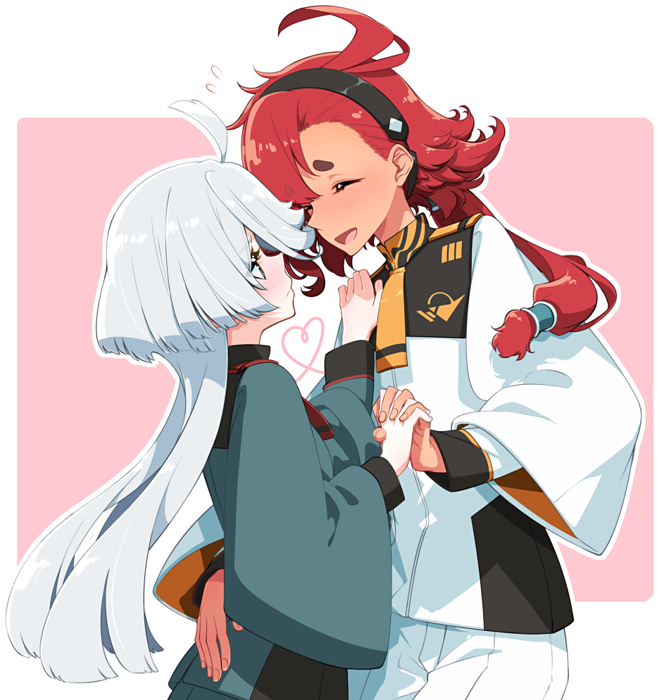 2girls ahoge closed_eyes grey_eyes gundam gundam_suisei_no_majo hairband heart holding_hands interlocked_fingers long_hair looking_at_another miorine_rembran multiple_girls necktie open_mouth pink_background ponytail red_hair sakuraba_yuuki simple_background smile suletta_mercury white_hair yuri