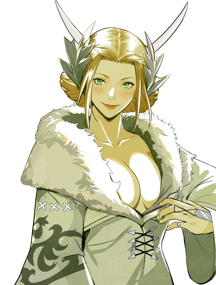 alternate_breast_size blonde_hair blush breasts cleavage collarbone final_fantasy final_fantasy_xiv fur-trimmed_robe fur_trim green_eyes horns jamjamstyle jewelry kan-e-senna large_breasts lips no_bra padjal ring robe simple_background upper_body white_background