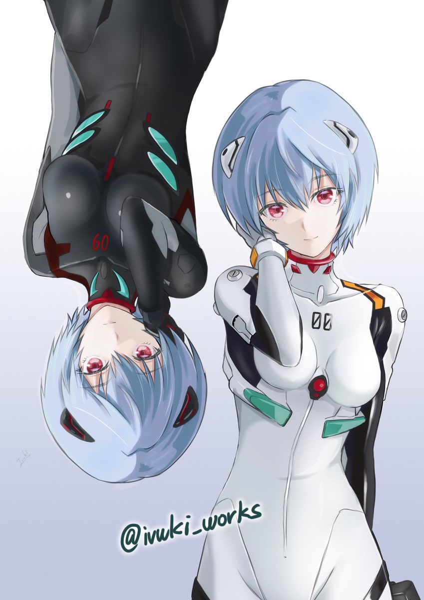 2girls artist_name ayanami_rei black_bodysuit blue_background blue_hair bodysuit breasts closed_mouth dual_persona evangelion:_3.0_you_can_(not)_redo gradient_background hashtag-only_commentary highres ivuki looking_at_viewer mecha_pilot_suit medium_breasts multiple_girls neon_genesis_evangelion rebuild_of_evangelion red_eyes short_hair smile standing twitter_username white_background white_bodysuit