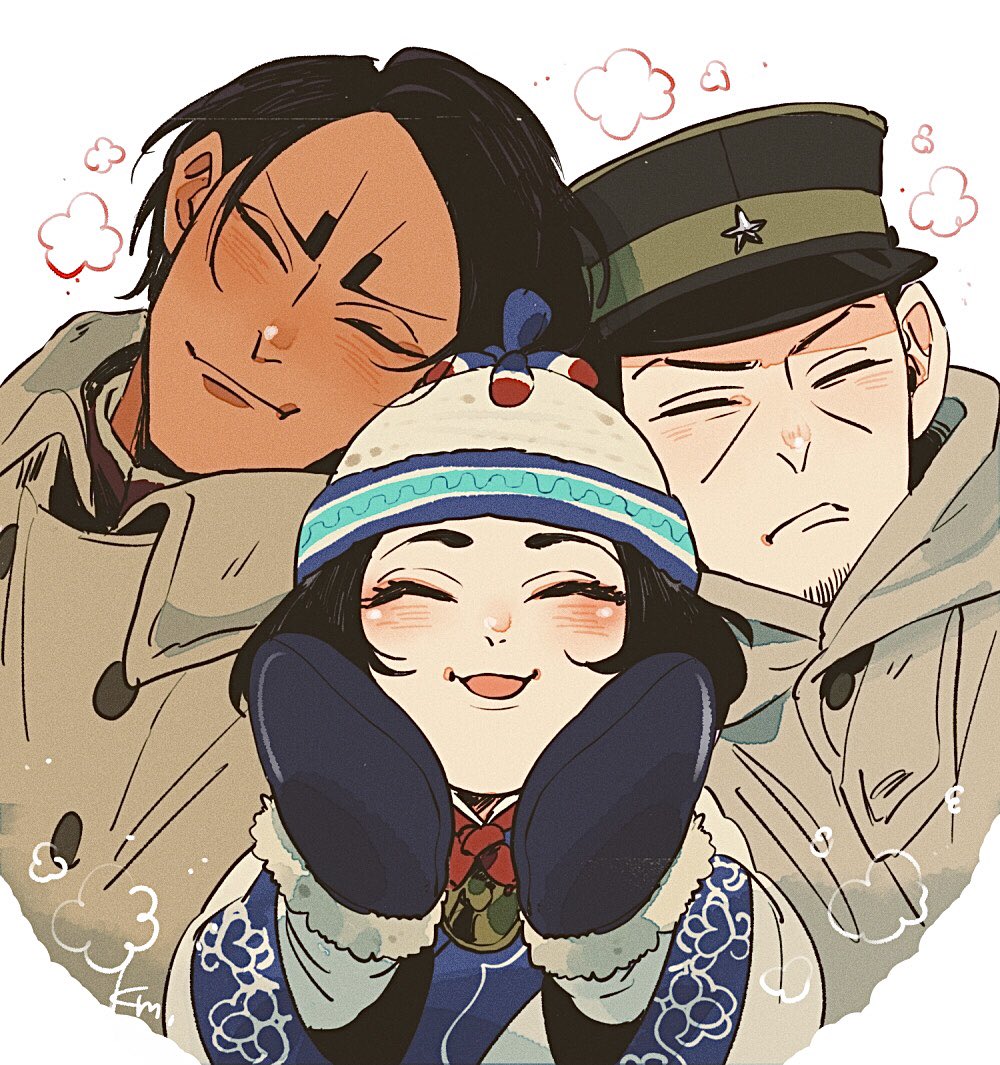 1girl 2boys ainu ainu_clothes black_hair black_headwear blush buttons child closed_eyes closed_mouth coat collared_coat commentary_request dark-skinned_male dark_skin enonoka facial_hair facing_viewer gloves golden_kamuy grey_coat grey_gloves hat hood hood_down hooded_coat imperial_japanese_army kepi koito_otonoshin komarou_(4km_ro) long_sleeves medium_hair military military_hat military_uniform mittens multiple_boys open_mouth parted_bangs short_hair simple_background smile star_(symbol) stubble tsukishima_hajime two-tone_headwear upper_body white_background wide_sleeves winter_clothes