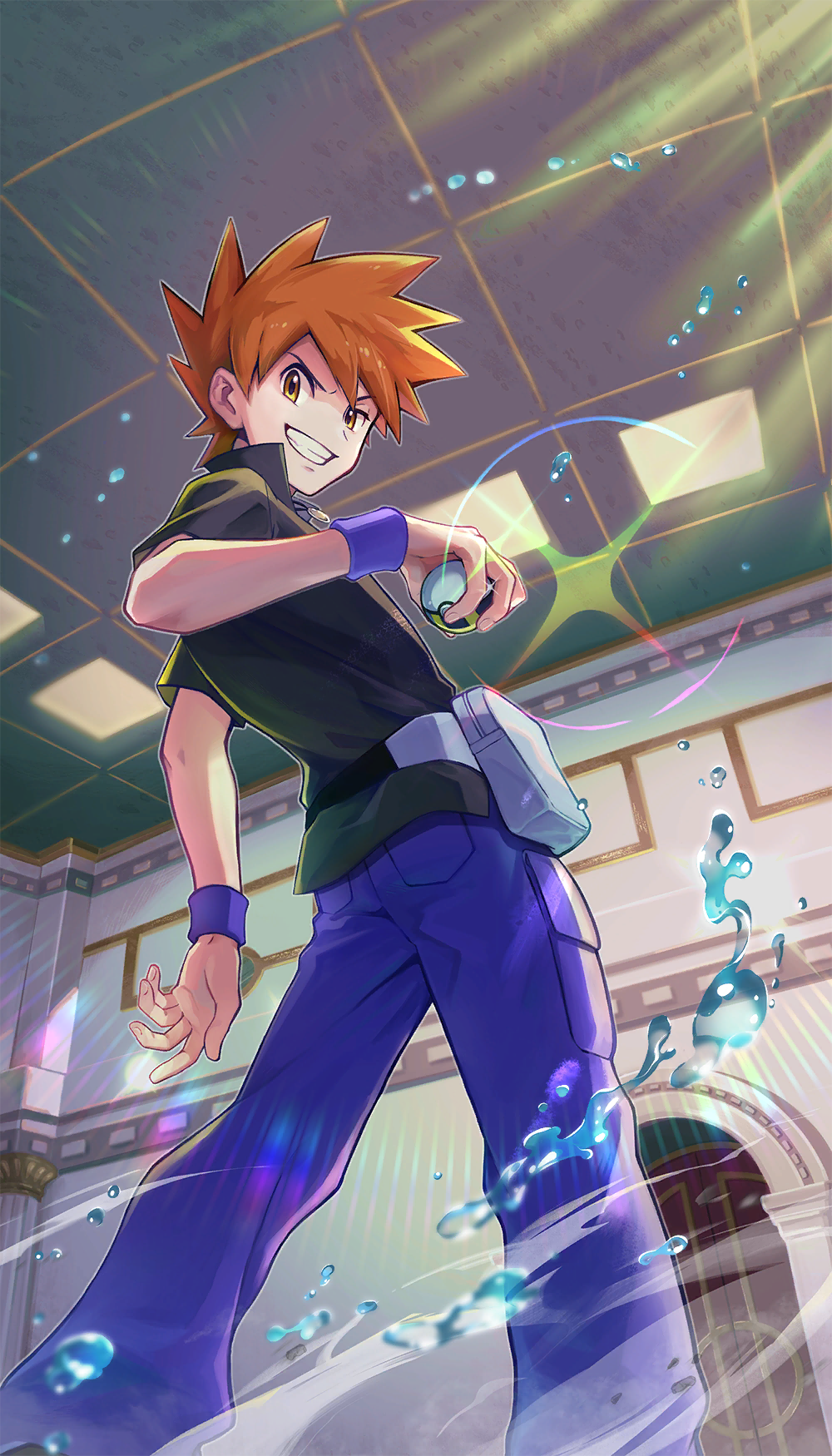 1boy black_shirt blue_oak blue_pants collared_shirt grin highres holding holding_poke_ball indoors male_focus matsuno_tika nintendo official_art orange_eyes orange_hair pants poke_ball pokemon pokemon_frlg pokemon_tcg pokemon_tcg_pocket shirt short_hair short_sleeves smile solo spiked_hair teeth third-party_source ultra_ball water_drop white_bag
