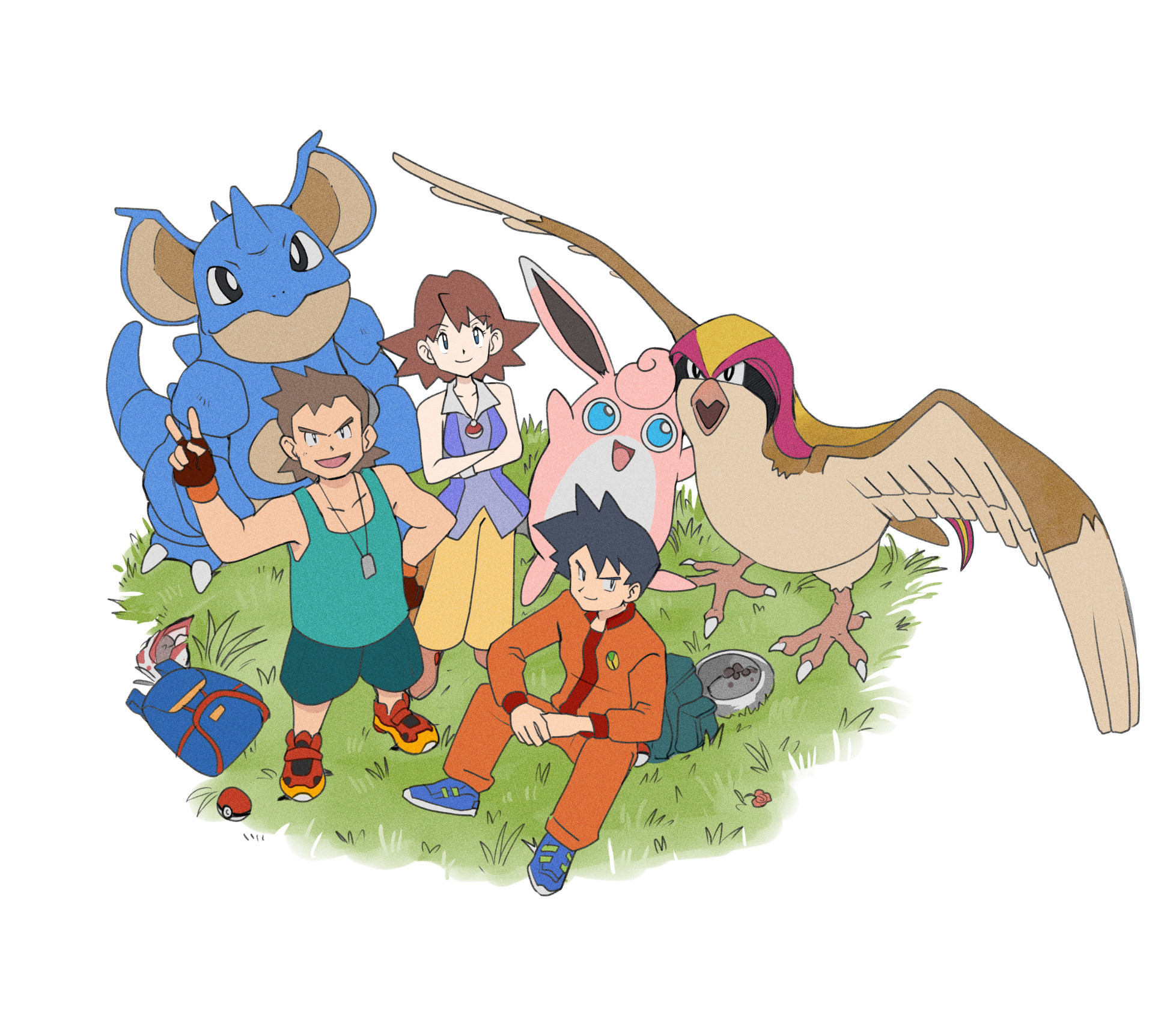 1girl 2boys black_eyes black_hair blue_bag blue_shirt bowl bright_pupils brown_gloves brown_hair closed_mouth corey_(pokemon) crossed_arms dog_tags fergus_(pokemon) gen_1_pokemon gloves highres multiple_boys neesha_(pokemon) nidoqueen nintendo orange_pants orange_shirt pants pet_bowl phil_dragash pidgeot poke_ball poke_ball_(basic) pokemon pokemon:_the_first_movie_-_mewtwo_strikes_back pokemon_(anime) pokemon_(classic_anime) pokemon_(creature) shirt simple_background talons v white_background white_pupils wigglytuff yellow_pants