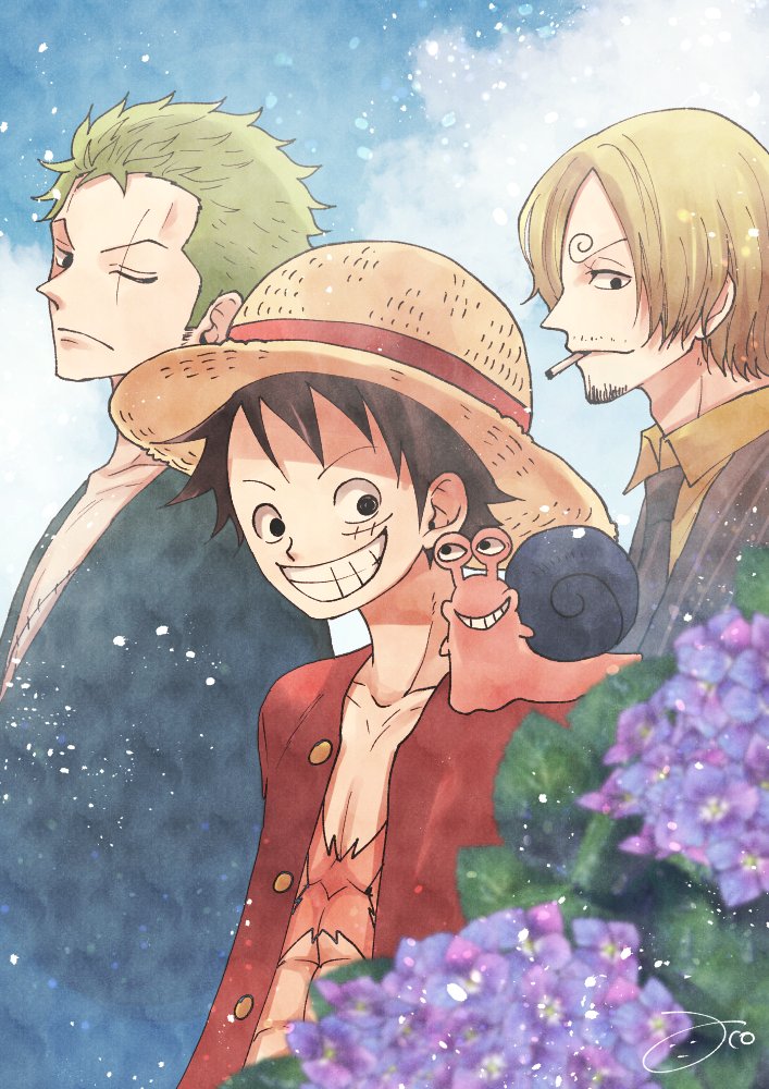 3boys aco_peda black_hair black_necktie black_suit blonde_hair cloud commentary_request curly_eyebrows den_den_mushi facial_hair flower formal_clothes goatee green_hair hydrangea male_focus monkey_d._luffy multiple_boys necktie one_eye_closed one_piece open_clothes open_shirt profile roronoa_zoro sanji_(one_piece) scar scar_across_eye scar_on_face shirt short_hair sideburns signature sky smile suit yellow_shirt