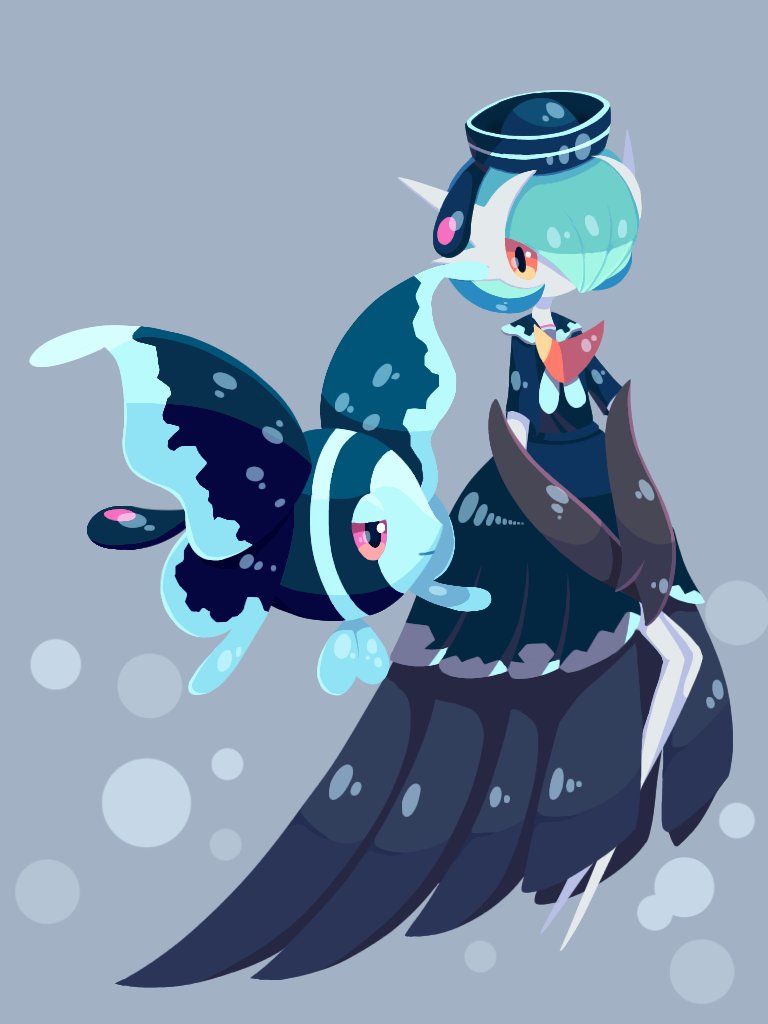 alternate_color black_dress black_gloves blue_hair bob_cut colored_skin commentary_request dress elbow_gloves free_butterfree gardevoir gen_3_pokemon gen_4_pokemon gloves grey_background hat lumineon mega_gardevoir mega_pokemon nintendo orange_eyes pokemon pokemon_(creature) shiny_pokemon simple_background white_skin