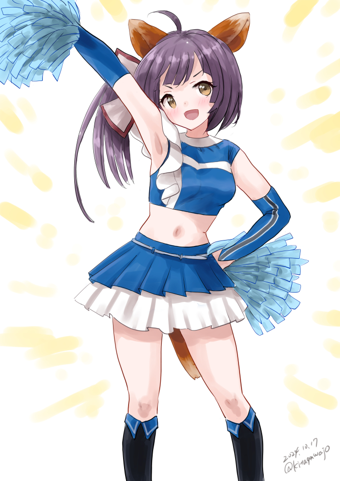 1girl ahoge alternate_costume animal_ears belt black_footwear black_hair blue_shirt blue_skirt bridal_gauntlets cheerleader crop_top cut_bangs fake_animal_ears fake_tail feet_out_of_frame fox_ears fox_tail fujinami_(cheerleader)_(kancolle) fujinami_(kancolle) hair_ribbon hokkaido_nippon-ham_fighters holding holding_pom_poms kantai_collection kitagawa_mikio layered_skirt long_hair midriff nippon_professional_baseball one-hour_drawing_challenge pleated_skirt pom_pom_(cheerleading) pom_poms ribbon shirt side_ponytail skirt sleeveless sleeveless_shirt smile solo tail white_background white_belt yellow_eyes