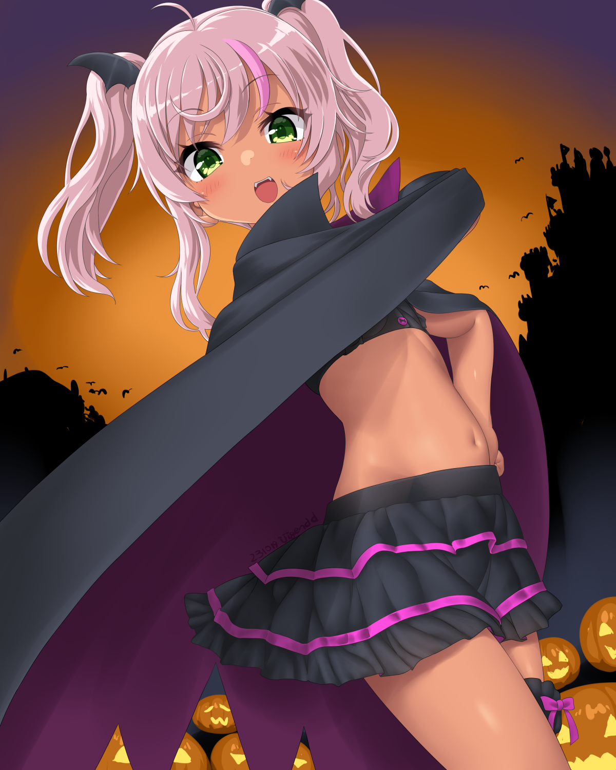 1girl bandeau black_bandeau black_cape blush cape comandante_cappellini_(halloween)_(kancolle) comandante_cappellini_(kancolle) dark-skinned_female dark_skin dd_(ijigendd) fangs flat_chest green_eyes halloween halloween_costume highres jack-o'-lantern kantai_collection looking_at_viewer navel open_mouth pink_hair skirt smile solo twintails vampire_costume