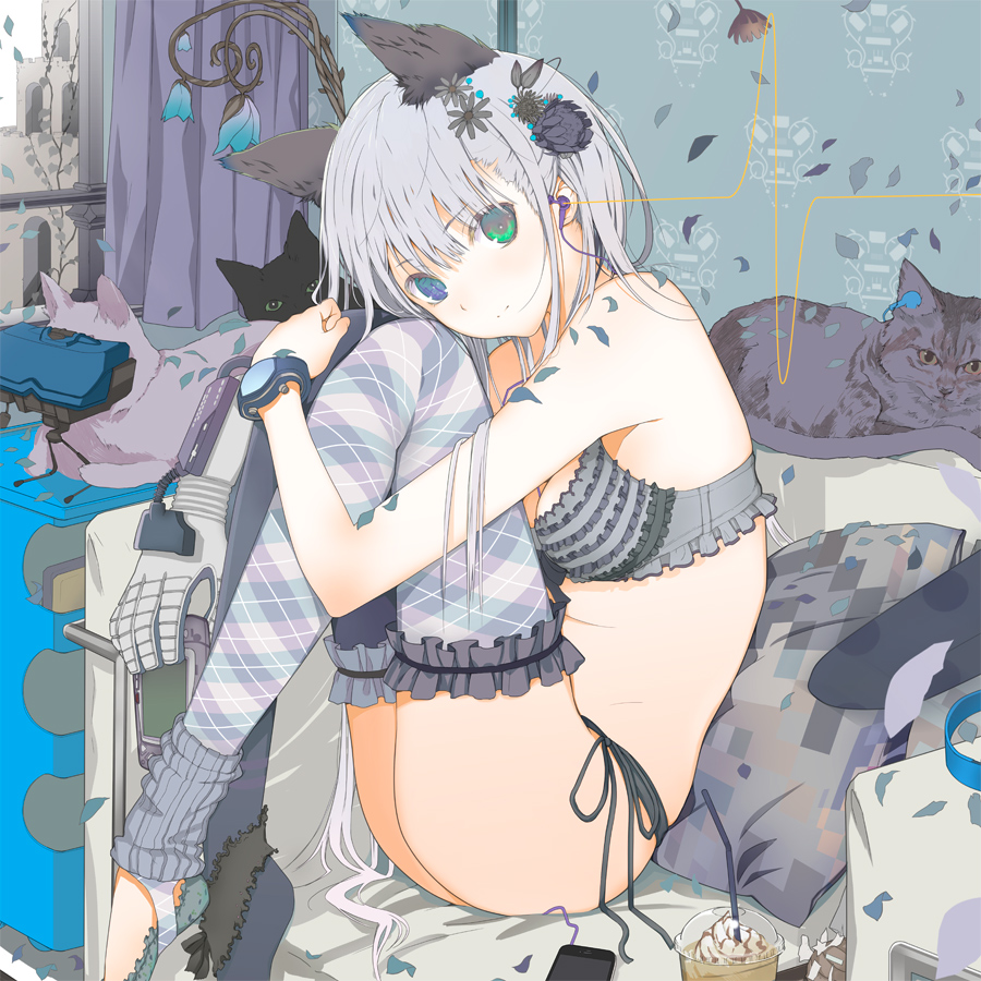 1girl animal_ears asymmetrical_legwear black_cat blue_eyes bra breasts cat cat_ears cellphone cleavage coffee drink drinking_straw earbuds earphones female_focus flower food frilled_bra frilled_thighhighs frills fuyuno_haruaki game_boy_advance game_console green_eyes grey_bra grey_hair grey_panties hair_flower hair_ornament handheld_game_console heterochromia hugging_own_legs ice_cream iphone layered_legwear leg_warmers lingerie long_hair looking_at_viewer mismatched_legwear original panties patterned_legwear phone pillow plaid_clothes plaid_legwear power_glove rob side-tie_panties sitting smartphone solo stickam stirrup_legwear thighhighs toeless_legwear underwear underwear_only very_long_hair virtual_boy watch