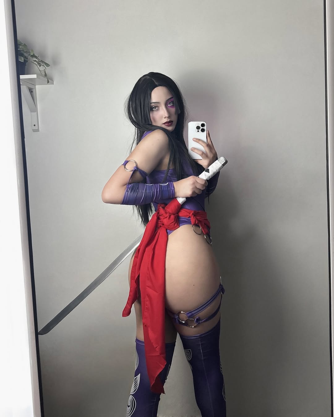 1girl ass black_hair bouncing_ass cosplay curvy female_focus ghostidoll highleg highleg_leotard highres indoors leotard lying marvel marvel_rivals on_side psylocke psylocke_(cosplay) psylocke_(marvel_rivals) purple_leotard purple_thighhighs real_life revealing_clothes selfie smile solo thick_thighs thighhighs thighs thong_leotard wide_hips x-men