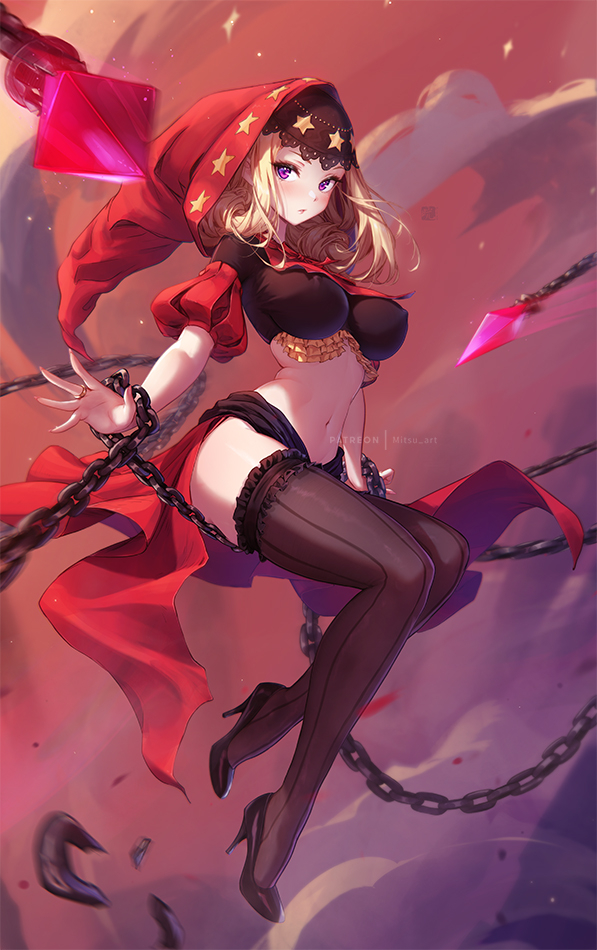 1girl blonde_hair blue_eyes chain covered_erect_nipples frilled_garter gypsy hood jewelry midriff mitsu_(mitsu_art) navel odin_sphere puff_and_slash_sleeves puffy_sleeves red_hood ring showgirl_skirt sitting solo striped_clothes striped_thighhighs thighhighs thighs velvet_(odin_sphere) vertical-striped_clothes vertical-striped_thighhighs