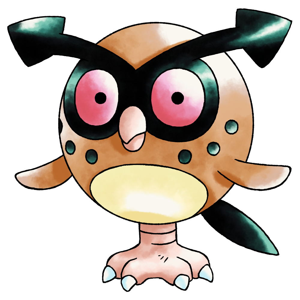 arrow_(symbol) bird black_eyes black_tail circle_facial_mark closed_mouth colored_sclera derivative_work full_body gen_2_pokemon hoothoot hoothoot_(prototype) long_eyebrows looking_at_viewer marking_on_cheek nintendo no_humans official_style owl pokemon pokemon_(creature) pokemon_focus pokemon_gsc_(prototype) prototype_design raciebeep red_sclera simple_background solo standing standing_on_one_leg sugimori_ken_(style) tachi-e transparent_background watercolor_effect