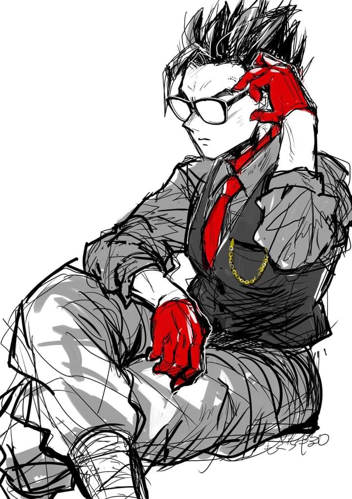 1boy anger_vein black_hair chain formal_clothes glasses gloves gold_chain necktie red_gloves red_necktie serious solo son_gohan spiked_hair spot_color suit super_dragon_ball_heroes tagme