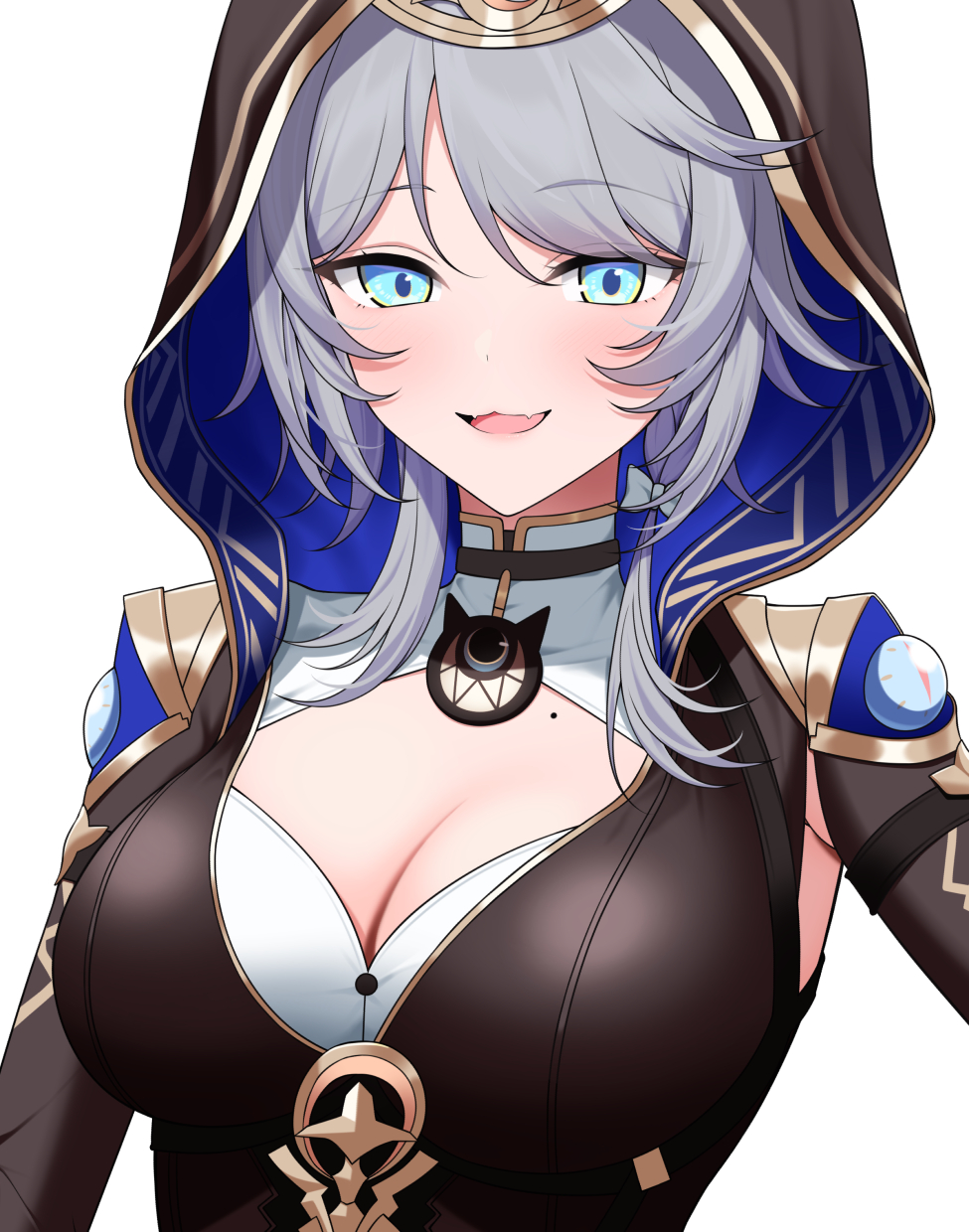 1girl :3 armpit_cutout blue_eyes bow breasts cipher_(honkai:_star_rail) cleavage clothing_cutout collarbone fang grey_hair hair_bow highres honkai:_star_rail honkai_(series) hood hood_up kikata_(hata_nanokana) looking_at_viewer medium_breasts mole mole_on_collarbone open_mouth simple_background skin_fang solo upper_body white_background white_bow