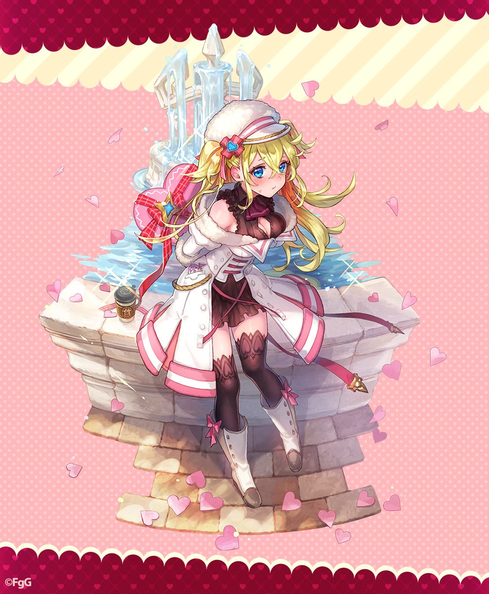 1girl ancient_killers_(phantom_of_the_kill) aqua_eyes arms_behind_back black_dress black_socks blonde_hair blue_eyes blush boots bow cleavage_cutout closed_mouth clothing_cutout commentary_request company_name crossed_bangs dress fountain full_body gift hair_behind_ear hair_between_eyes hat highres holding holding_gift jacket looking_at_viewer official_alternate_costume official_art outdoors phantom_of_the_kill pink_background pink_bow pink_petals polka_dot polka_dot_background red_ribbon ribbon second-party_source socks solo standing sweatdrop thighhighs two_side_up valentine white_hat white_jacket