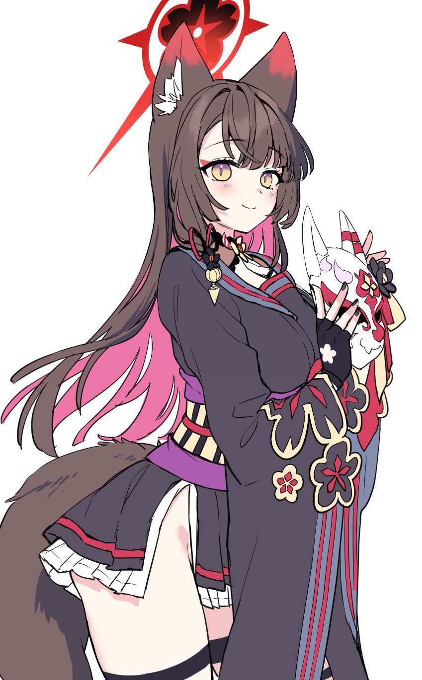 1girl animal_ear_fluff animal_ears black_shirt blue_archive blush breasts closed_mouth colored_inner_hair eyeshadow fox_ears fox_girl fox_mask fox_tail hair_intakes halo highres holding holding_mask ichinomiya_(blantte) large_breasts long_hair looking_at_viewer makeup mask multicolored_hair multicolored_sash red_eyeshadow red_halo shirt side_slit simple_background skirt smile solo tail wakamo_(blue_archive) white_background white_skirt yellow_eyes
