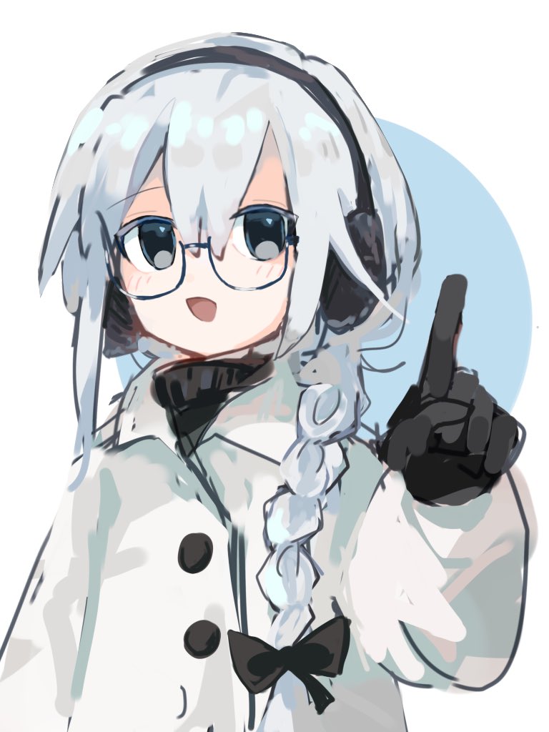 1girl black_eyes bow braid buttons earmuffs glasses gloves hair_bow index_finger_raised jacket long_hair mizuna_(327) open_mouth sekka_yufu smile solo utau very_long_hair white_hair