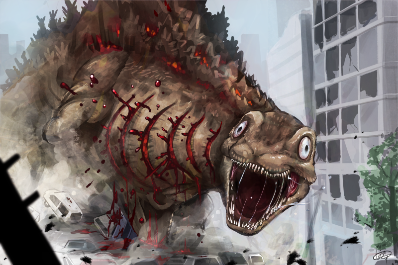 blood broken_window building car crawling day destruction giant giant_monster gills glowing godzilla godzilla_(series) inosuke_(monstruo) kaiju looking_at_viewer monster motor_vehicle no_humans saliva saliva_trail shin_godzilla spikes toho tree white_eyes window