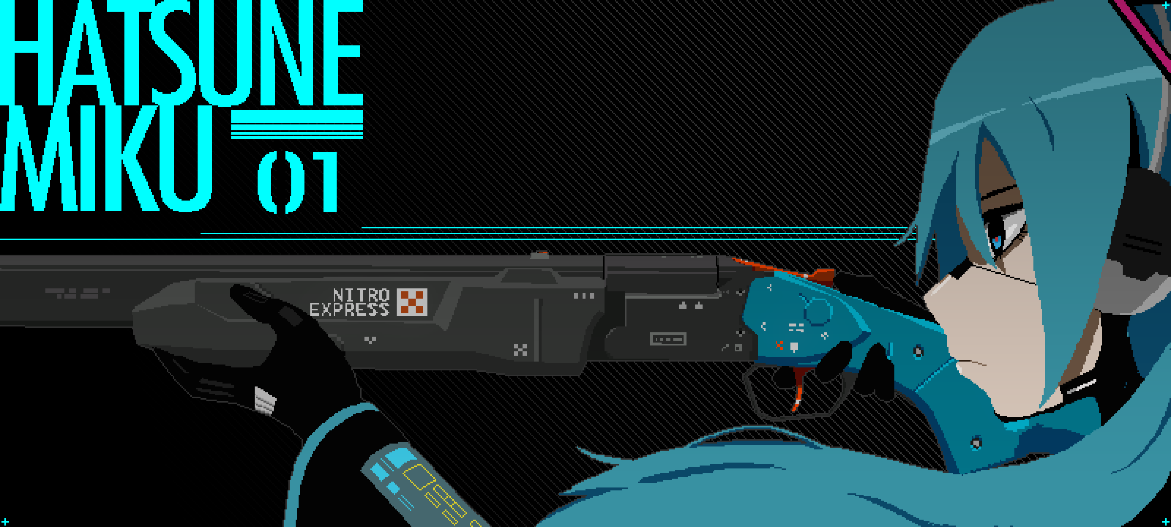 1girl aiming android black_sleeves blue_eyes blue_hair double-barreled_rifle english_text from_side gun hatsune_miku highres long_hair rifle signalis solo unblueable weapon