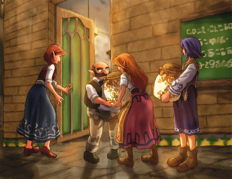 2boys 2girls anju_(zelda) cremia jar kafei lowres milk_bar mon mon_(potton) mr._barten multiple_boys multiple_girls nintendo pointy_ears skirt sleeves_rolled_up the_legend_of_zelda the_legend_of_zelda:_majora&#039;s_mask vest