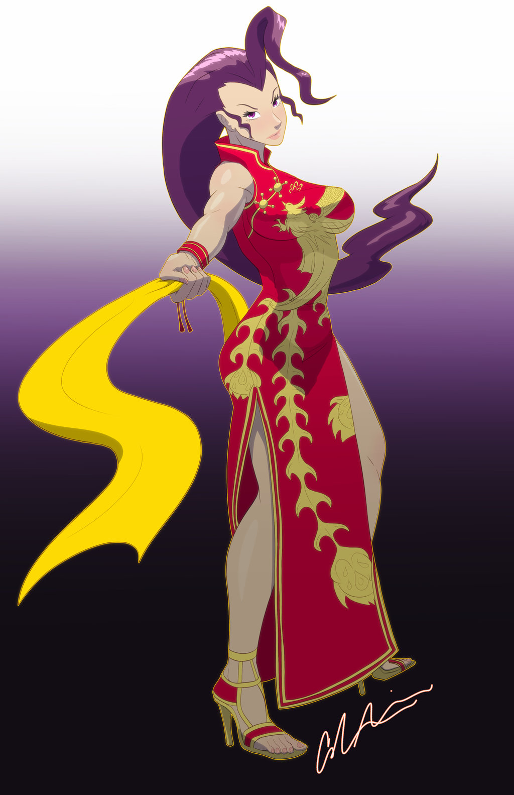 1girl calvin_sims capcom china_dress chinese_clothes cosplay dead_or_alive dead_or_alive_5 dress high_heel_sandals lei_fang lei_fang_(cosplay) looking_at_viewer nail_polish purple_eyes purple_hair rose_(street_fighter) sandals signature street_fighter street_fighter_zero_(series) toenail_polish toenails toes
