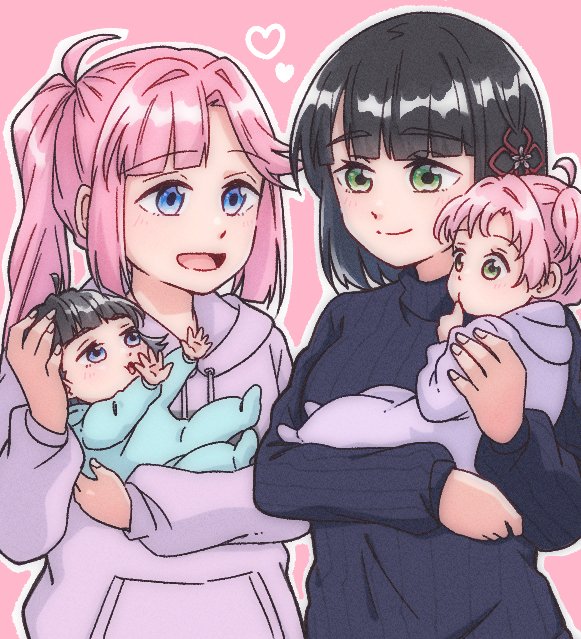 4girls :d ahoge anyoji_hime anyoji_hime_(winter_loungewear) baby black_hair black_sweater blue_eyes blunt_bangs blunt_ends bob_cut breasts carrying carrying_baby carrying_person closed_mouth commentary_request donpa eye_contact family female_focus green_eyes hair_intakes hood hoodie if_they_mated link!_like!_love_live! long_hair looking_at_another love_live! medium_breasts momose_ginko momose_ginko_(winter_loungewear) multiple_girls open_mouth pink_background pink_hair ponytail purple_hoodie science_babies short_hair short_sidetail side_ponytail sidelocks simple_background smile sweater swept_bangs very_long_hair virtual_youtuber yuri