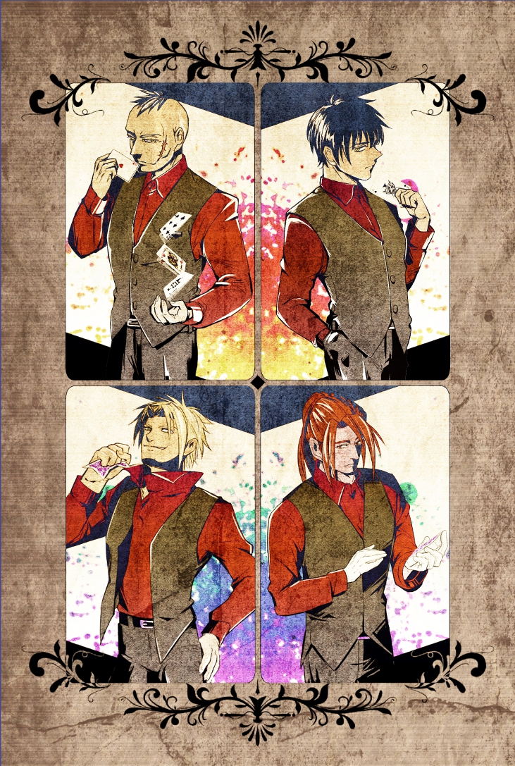 4boys black_hair brothers card colored_skin darren_shan gannen_harst green_hair holding holding_card larten_crepsley long_hair multiple_boys nagori_(nagopu_tb) orange_hair playing_card ponytail purple_skin red_hair short_hair siblings smile spiked_hair the_saga_of_darren_shan vancha_march vest