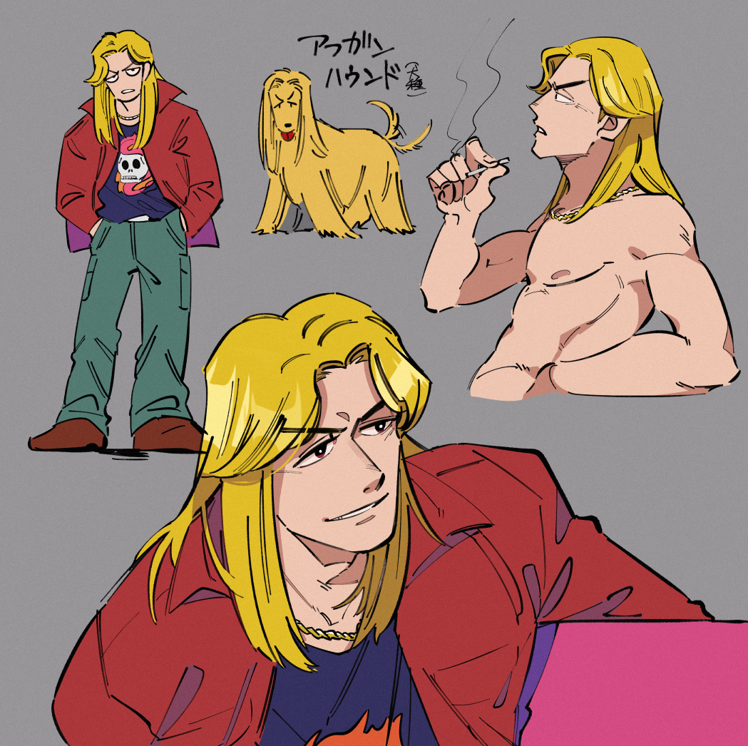 1boy afghan_hound black_shirt blonde_hair brown_eyes brown_footwear chain chain_necklace cigarette commentary_request dog full_body gold_chain green_pants grey_background grin holding holding_cigarette inudori jacket jewelry kaiji kitami_(kaiji) long_hair male_focus multiple_views necklace nipples pants parted_bangs print_shirt red_jacket shirt shoes simple_background smile smoke smoking topless_male translation_request upper_body v-shaped_eyebrows