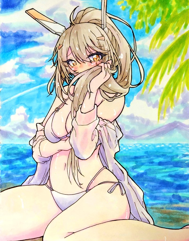 1girl ayanami_(azur_lane) azur_lane bikini blue_sky character_age pon ponytail sky swimsuit white_bikini